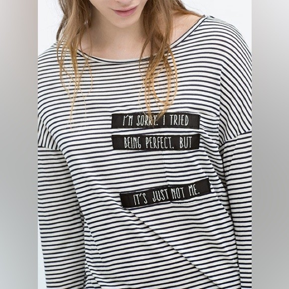 ZARA TRAFALUC Black White Boatneck Striped 3/4 Length Sleeve Graphic Tee - Picture 1 of 7